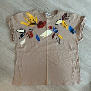 Zara Tan Graphic Boxy Blouse with Mandarin Collar